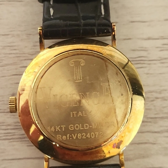Vicence 14k Gold-Milor and Black Leather Watch - Picture 9 of 9